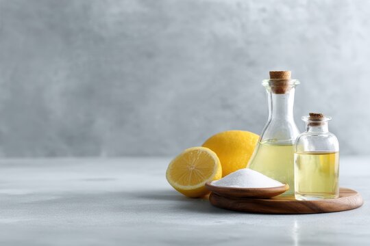 natural home cleaning products with lemon vinegar baking soda and essential oils eco living concept