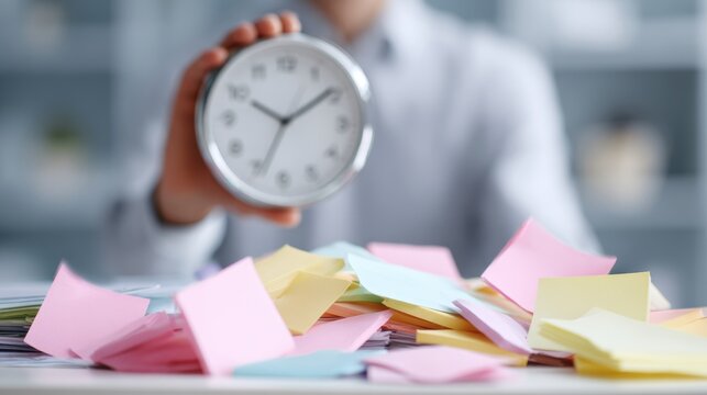 person holding clock above messy office desk with sticky notes and documents, stress and time management concept