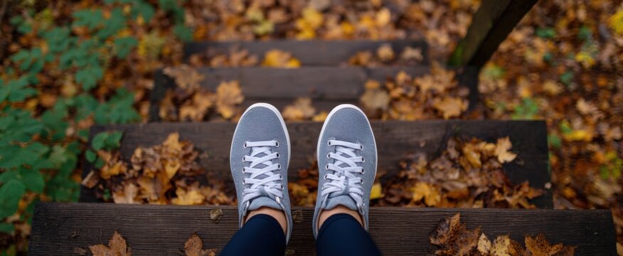 autumn hike down leaf-covered steps as individual in sneakers descends wooden stairs