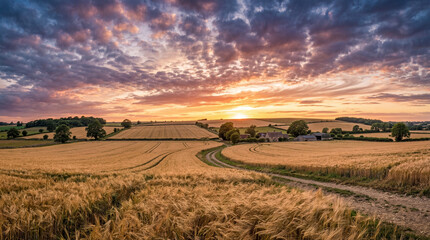 Fototapeta premium Golden wheat fields at sunset with dramatic clouds and a country road