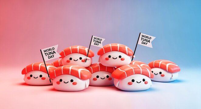 World Tuna Day cute sushi characters holding flags, playful seafood illustration with smiling nigiri, fun food concept and creative celebration theme