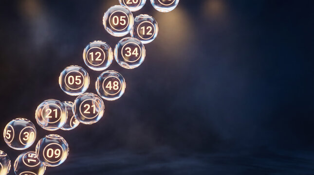 lottery balls casino jackpot gambling luck winning numbers bingo draw glowing chain of numbered balls on blue smoky background with warm highlights for promotion design and commercial advertising use