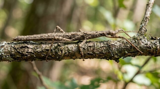 Camouflaged Stick Insect Mating on a Tree Branch in Natural Habitat.