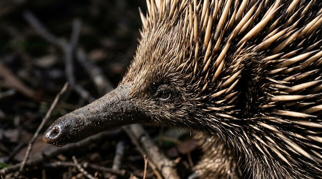 Close up of an echidnas spiky snout and eye in natural habitat.