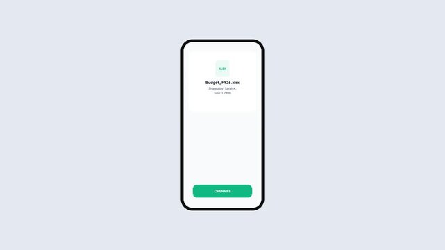 Smartphone UI animation showing cloud file sync notification and spreadsheet preview interface isolated on plain background for software development and business productivity concept