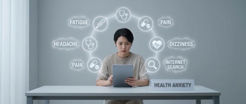 hypochondria concept featuring a worried individual surrounded by medical icons and symptoms illustrating anxiety over health in a clean professional studio setting with focused lighting