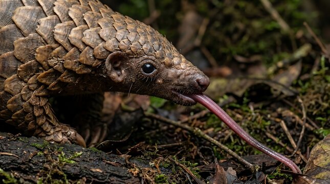 Close-up of a Sunda Pangolin with its long tongue extended, foraging in a natural forest habitat.