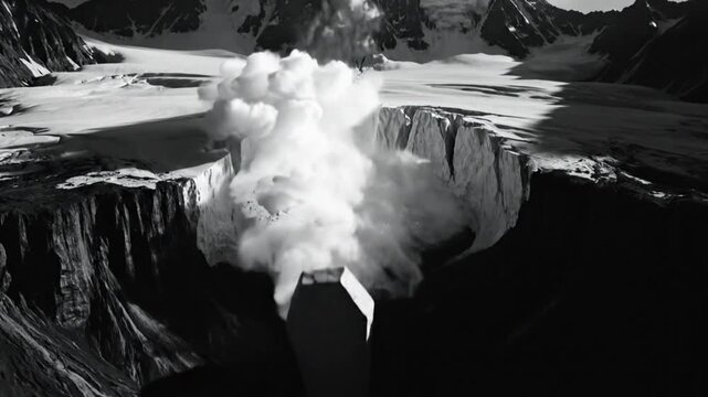 Epic black and white animation of a coffin exploding in a glacial landscape with snow-capped mountains and dramatic cloud cover