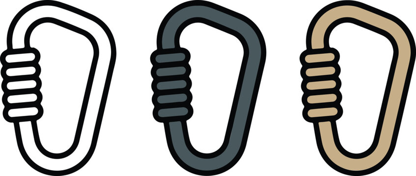 Minimalist climbing carabiner vector icon set featuring screw-lock D-rings in outline, solid dark gray, and flat tan color styles for mountaineering and outdoor gear branding.