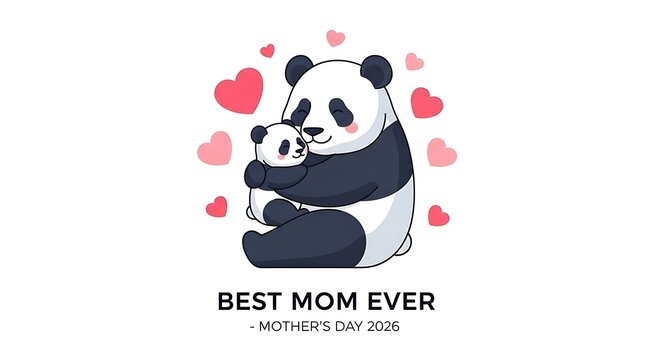 A cute cartoon illustration of a mother panda hugging her baby panda, with hearts and 'Best Mom Ever' text for Mother's Day.