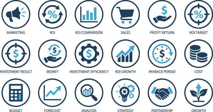 Marketing ROI and Financial Performance Icon Set with Sales, Investment Analysis, Profit Growth, Budgeting, Forecasting, and Business Strategy Symbols