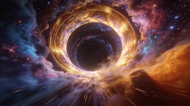 Cosmic black hole with golden accretion disk and nebula