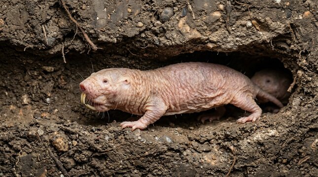 Naked Mole-Rat Emerging from its Underground Burrow in Natural Habitat.