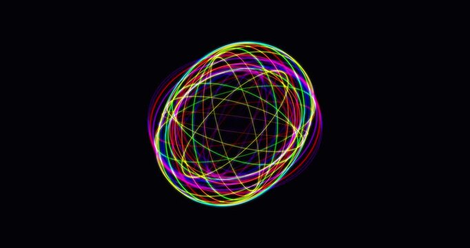 Discover a dynamic abstract animation featuring vibrant, glowing multi-colored lines. These energetic lines intricately form a mesmerizing spherical shape, perfect for futuristic projects.