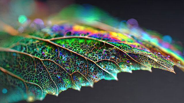 Macro extreme closeup of iridescent crystal leaf with gold veins refracting rainbow light on purple blue gradient background