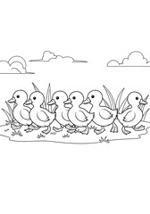 Fototapeta premium A line of six adorable little yellow ducklings walking in a single file row to show a cute and simple animal illustration designed for children to enjoy coloring today.