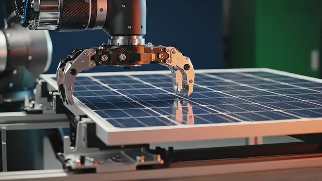 Industrial robotic arm installing solar panel modules in smart factory manufacturing lab
