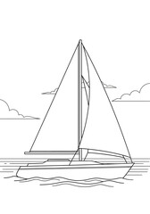 Fototapeta premium A simple black and white line art illustration of a tall sailing yacht with large sails, a sturdy mast and a sleek hull designed for peaceful travel across the water.