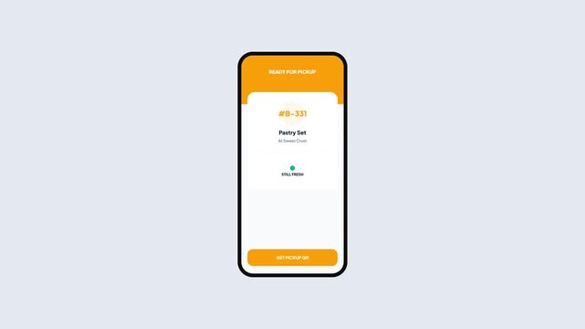 Smartphone UI Animation of Bakery Order Pickup Notification with QR Code Receipt and Minimalist Interface Isolated on Grey Background