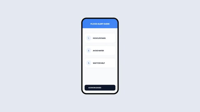 Smartphone Emergency Flood Alert Notification App Interface Animation Isolated on Plain Background with Copy Space