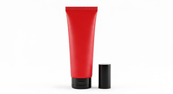 Red cosmetic tube with black cap and small black container