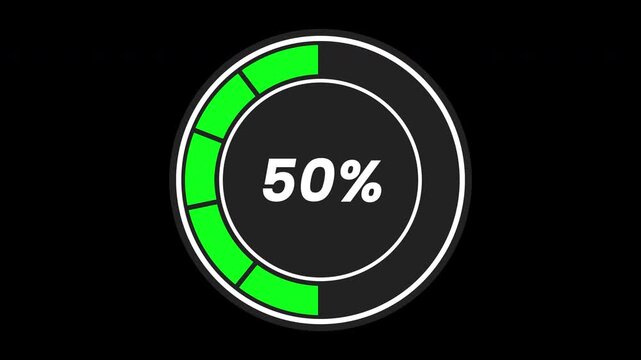 Segmented green circular progress bar showing one hundred percent completion status on a black background for user interface design.