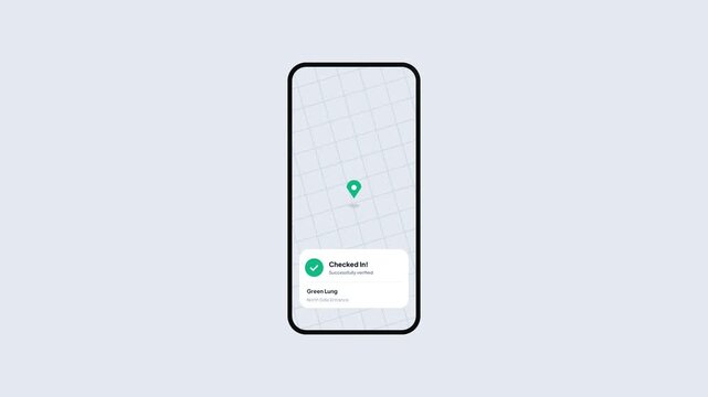 Smartphone UI animation showing location check-in process on grid map isolated on plain background for mobile app development with copy space