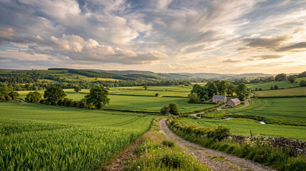 Fototapeta premium Rolling green hills under a dramatic sky with a dirt path leading to farm buildings
