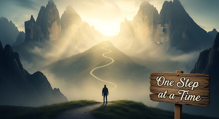 Obraz premium A person stands on a mountain path looking out at a breathtaking landscape with a wooden sign that reads One Step at a Time