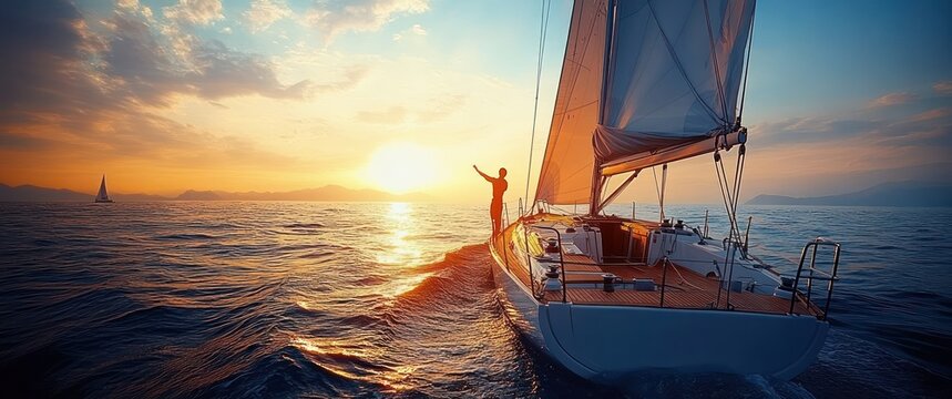 person standing on the bow of a sailboat at sunset, reaching out over calm golden sea with distant sail and mountain horizon, peaceful adventurous mood