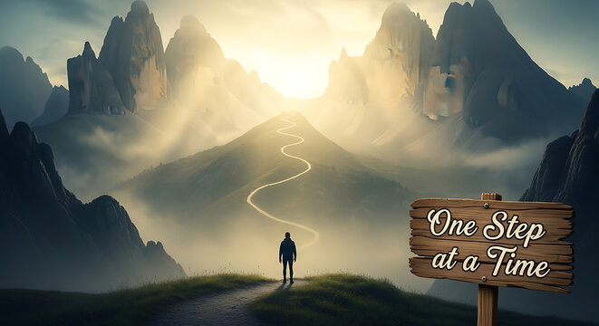A person stands on a mountain path looking out at a breathtaking landscape with a wooden sign that reads One Step at a Time