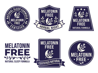 Obraz premium Melatonin free emblem set, flat vector natural sleep supplement stickers with indigo herbal design