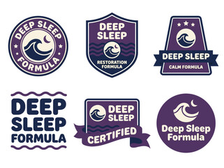 Fototapeta premium Product label badges for deep sleep formula, wave motifs, purple navy emblem set