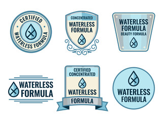 Obraz premium Waterless Formula Product Label Emblem Set, Concentrated Beauty Certification Badges, Blue Vector Icons