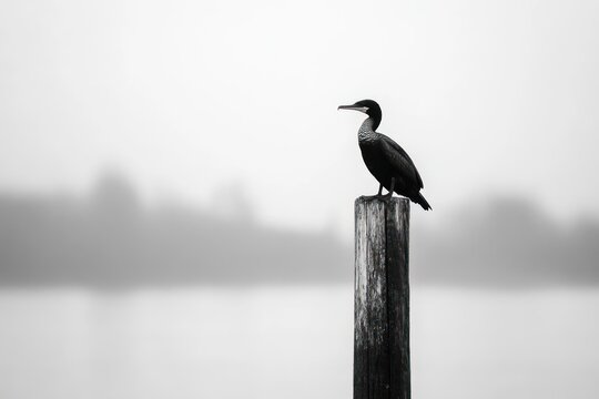 solitary seabird perched on a weathered wooden post above calm water in a misty monochrome scene, serene and contemplative mood