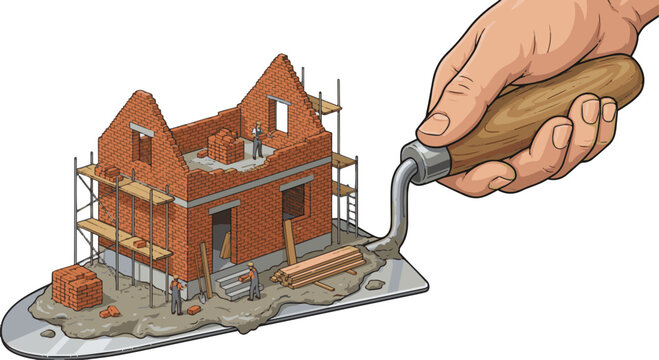 Create a realistic New brick house on construction trowel vector art with white background.
