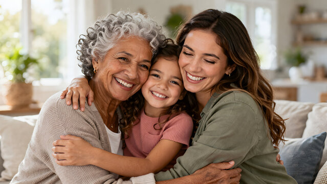 Three generations of women smiling and hugging at home