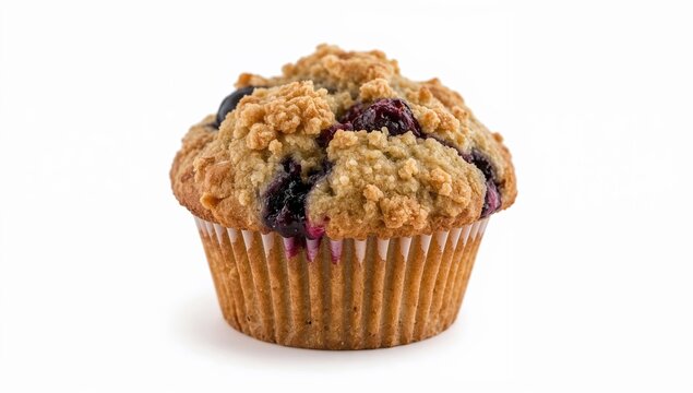Vegan blueberry muffin with golden crumb topping and juicy berries on white background, fresh baked breakfast treat
