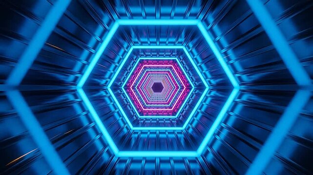 Neon hexagon tunnel with pink and blue lights
