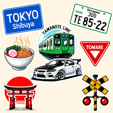 Create a realistic Stickers featuring Japanese culture and street aesthetics, railway and car stickers, Japanese and Tokyo road signs, license plates, subway, and other stickers, Vector art.