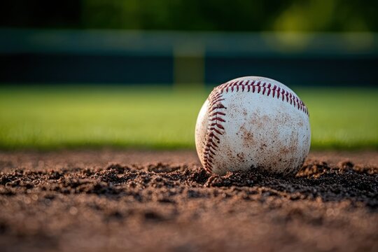 close-up of a scuffed baseball resting on infield dirt with sunlit green outfield and blurred fence, quiet nostalgic anticipation