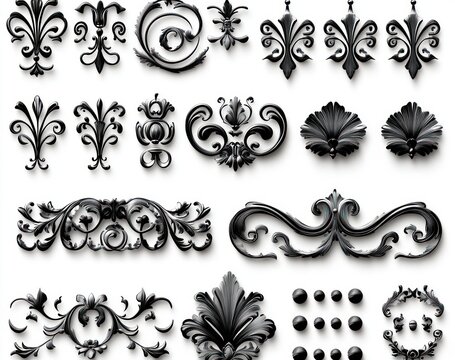 collection of black ornamental flourishes and decorative baroque scrolls with floral motifs, shell fans, rosettes and stud accents on white background, elegant and ornate