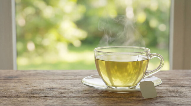 A steaming cup of green tea on a wooden table by a sunny window with a tea bag on the side
