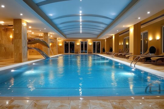 serene indoor swimming pool with arched skylight, lounge chairs, tiled deck, stainless water cascades and warm ambient lighting, inviting and tranquil