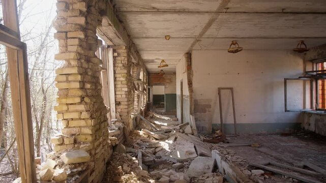 movement along the corridor of an abandoned school in a radioactive zone in Belarus 4k
