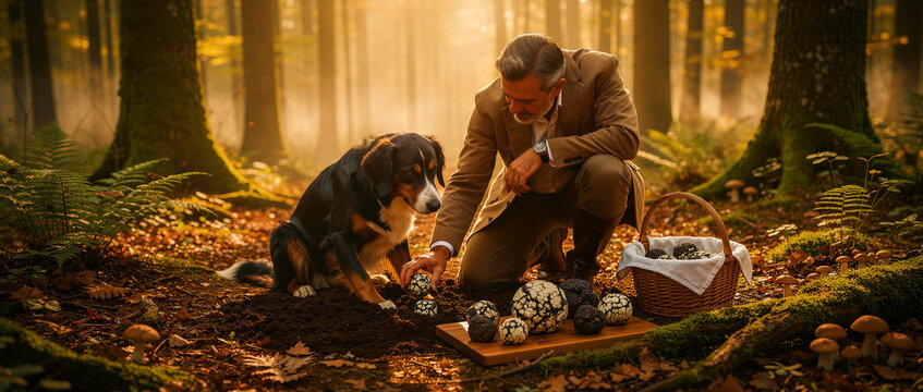 Sophisticated gentleman wearing a tailored brown blazer crouches down to carefully harvest rare gourmet truffles with his loyal tri-colored dog beside a rustic woven wicker basket placed upon a