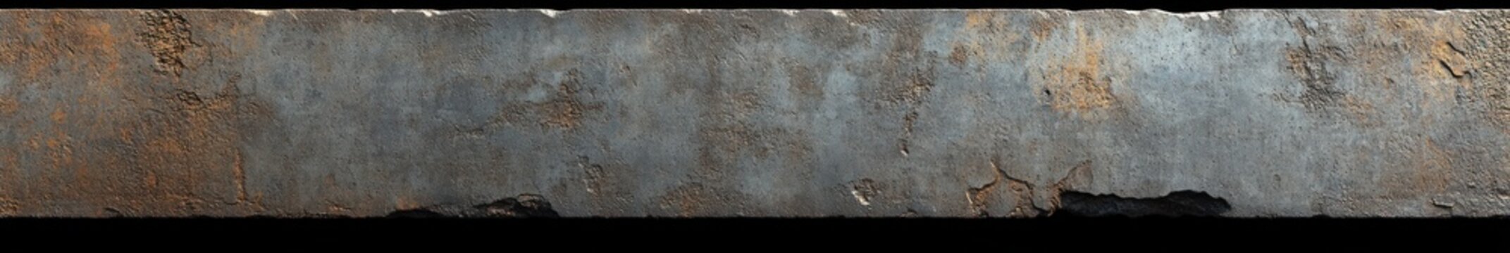 long horizontal strip of corroded blue-gray metal with peeling paint and orange rust patches, gritty weathered and neglected texture