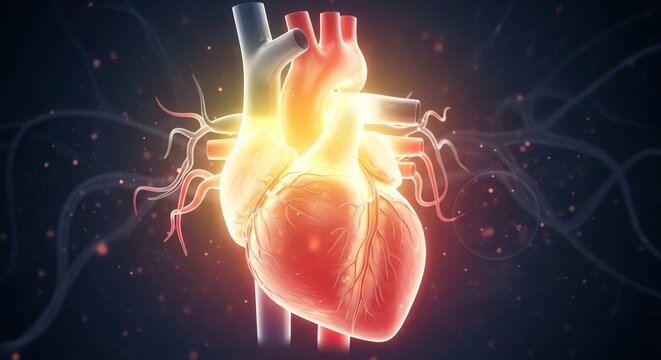 Detailed Illustration of a Human Heart with Vascular System and Blood Flow.