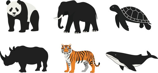 Collection of diverse wild animals including panda elephant tiger rhino turtle and whale in a flat vector illustration style perfect for educational content or childrens designs © Zohaib
