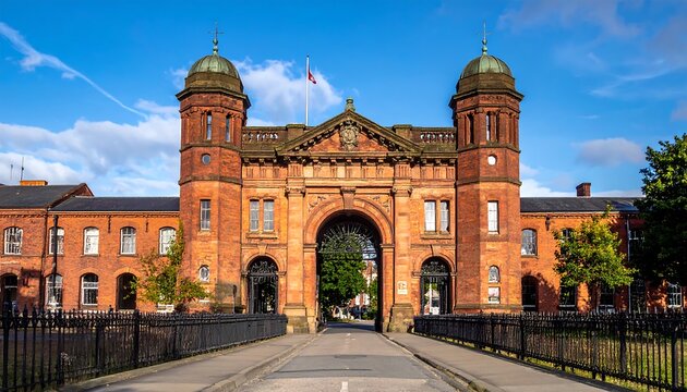 An imposing brick archway with twin towers, detailed facade, and a flag atop, leading into a tree-lined avenue under a blue sky